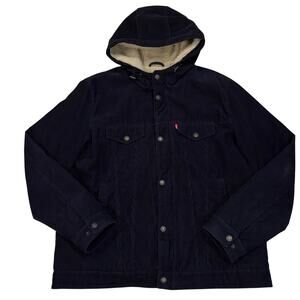 Levis Corduroy Trucker Jacket Mens Sz XL Blue Sherpa Lined Hooded Winter Skater